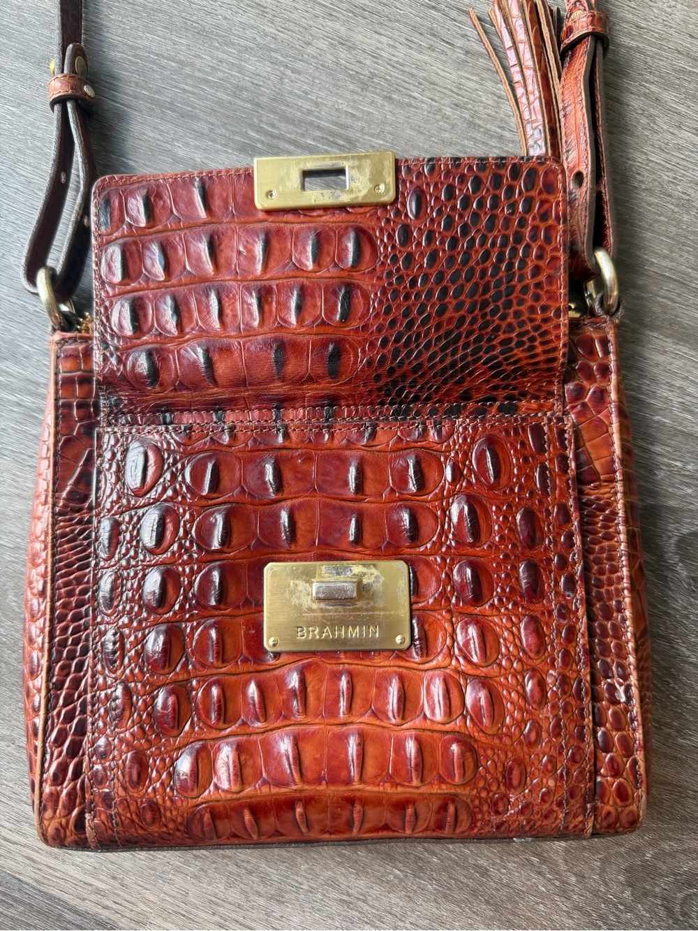 Brahmin Melbourne Manhattan Pecan Croc-Embossed Leather Crossbody with Tassel - Picture 5 of 10